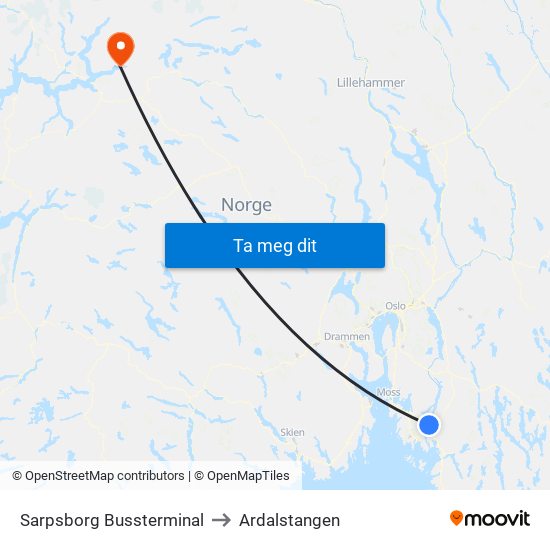 Sarpsborg Bussterminal to Ardalstangen map