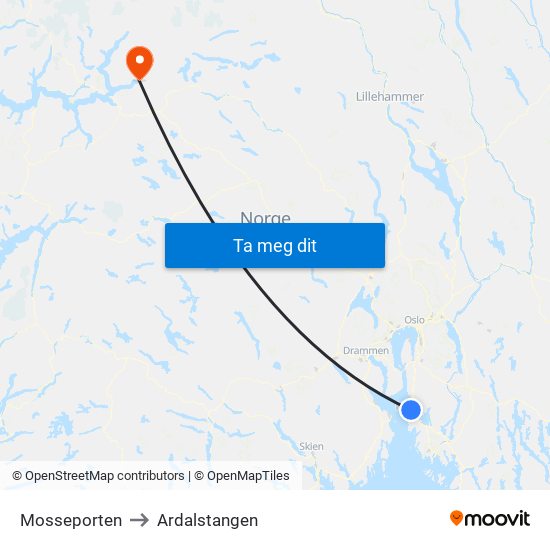 Mosseporten to Ardalstangen map
