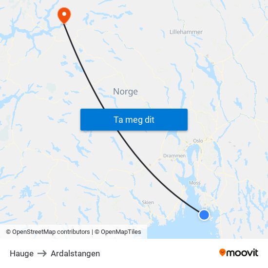 Hauge to Ardalstangen map