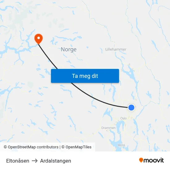 Eltonåsen to Ardalstangen map