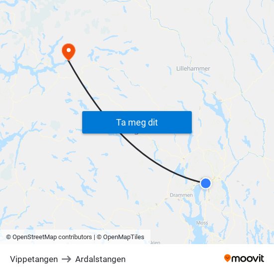 Vippetangen to Ardalstangen map