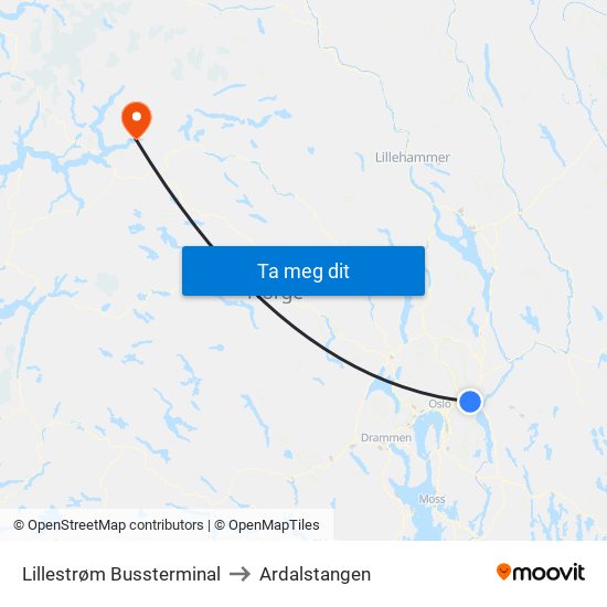 Lillestrøm Bussterminal to Ardalstangen map