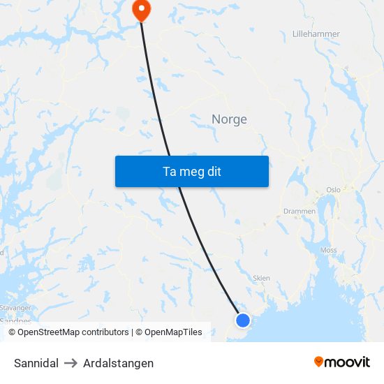 Sannidal to Ardalstangen map