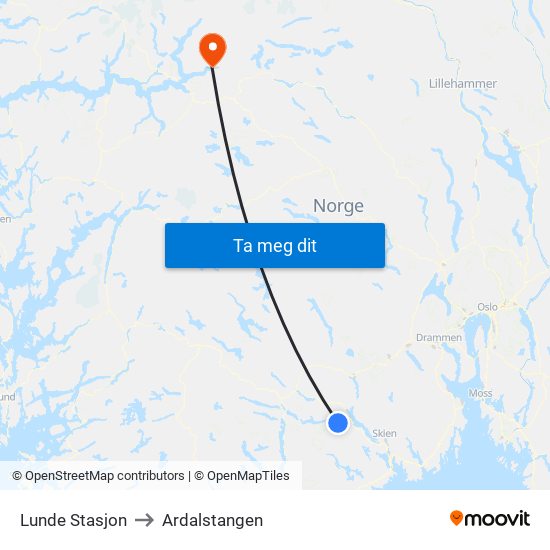 Lunde Stasjon to Ardalstangen map