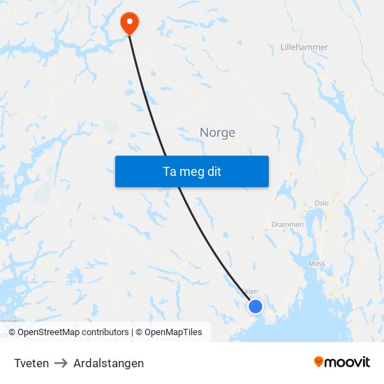 Tveten to Ardalstangen map