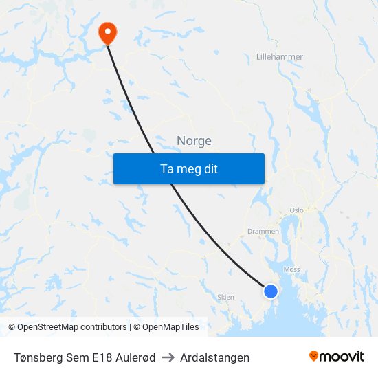 Tønsberg Sem E18 Aulerød to Ardalstangen map