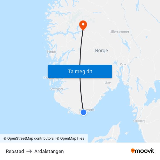 Repstad to Ardalstangen map