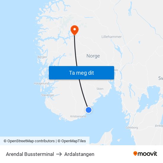 Arendal Bussterminal to Ardalstangen map