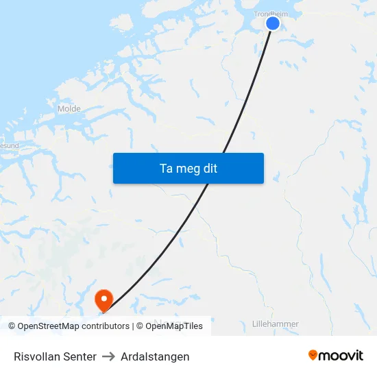 Risvollan Senter to Ardalstangen map