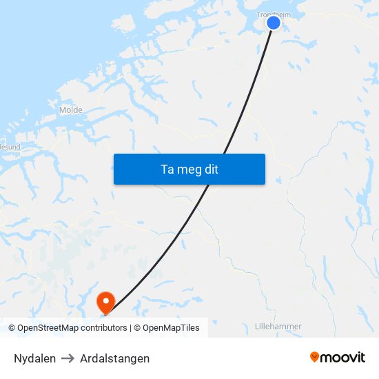 Nydalen to Ardalstangen map