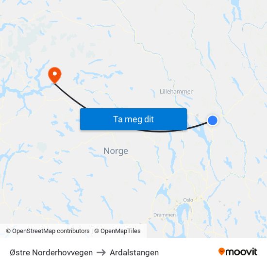 Østre Norderhovvegen to Ardalstangen map