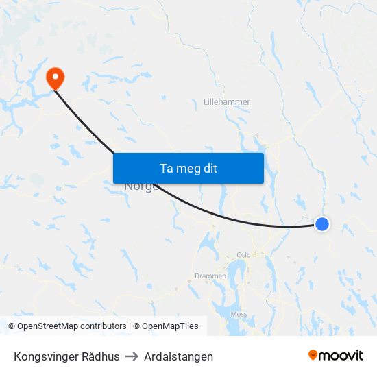 Kongsvinger Rådhus to Ardalstangen map