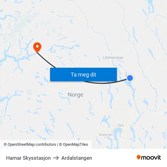 Hamar Skysstasjon to Ardalstangen map