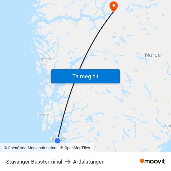 Stavanger Bussterminal to Ardalstangen map
