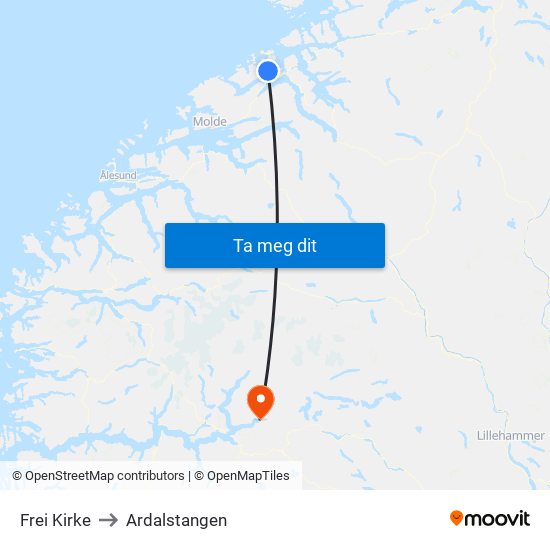 Frei Kirke to Ardalstangen map