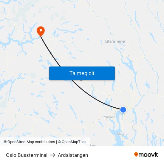 Oslo Bussterminal to Ardalstangen map