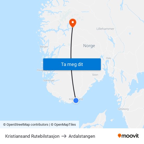 Kristiansand Rutebilstasjon to Ardalstangen map