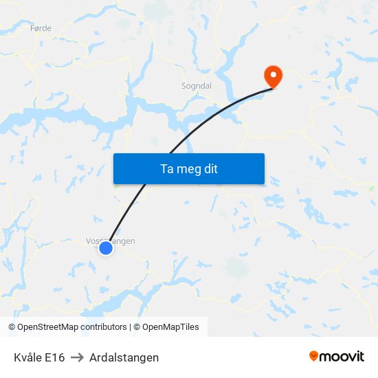 Kvåle E16 to Ardalstangen map
