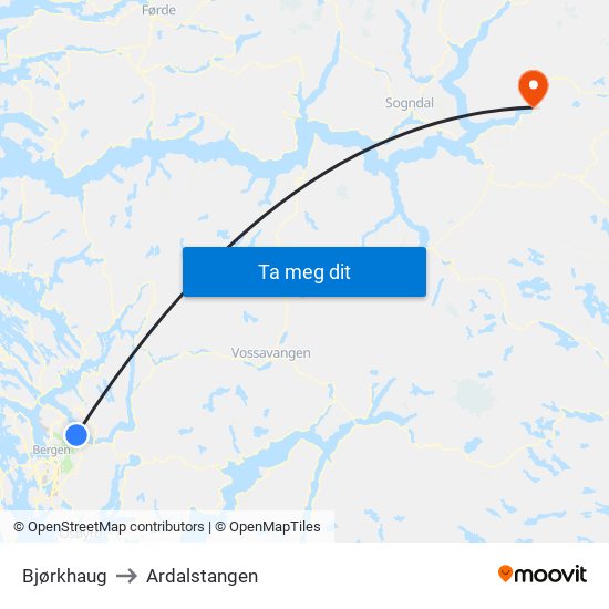 Bjørkhaug to Ardalstangen map