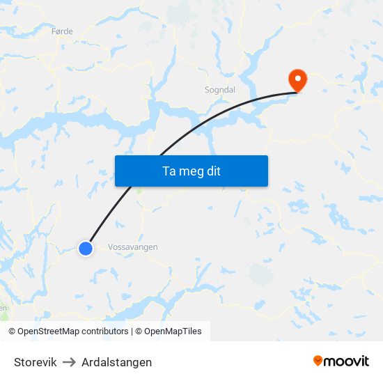 Storevik to Ardalstangen map