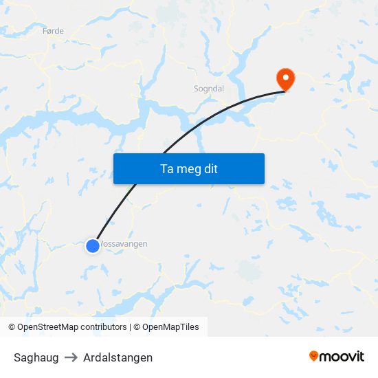 Saghaug to Ardalstangen map