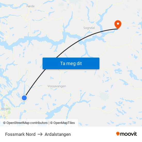 Fossmark Nord to Ardalstangen map