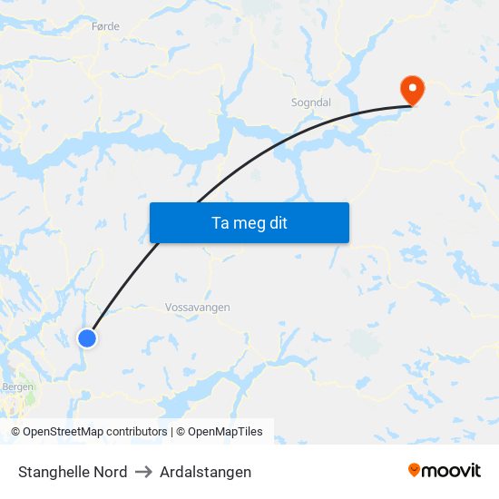 Stanghelle Nord to Ardalstangen map