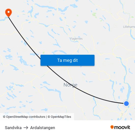 Sandvika to Ardalstangen map