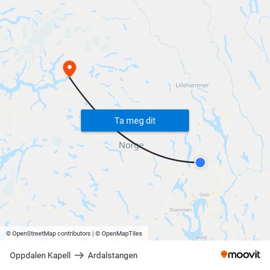 Oppdalen Kapell to Ardalstangen map