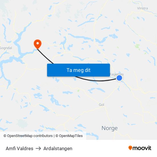 Amfi Valdres to Ardalstangen map