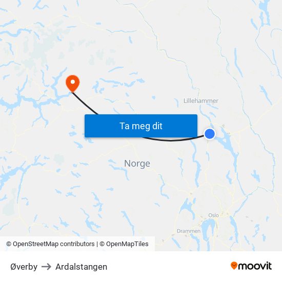 Øverby to Ardalstangen map