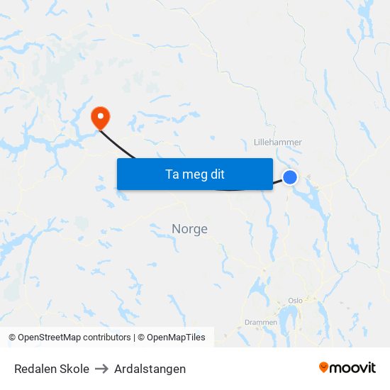 Redalen Skole Snertingdalsvegen to Ardalstangen map