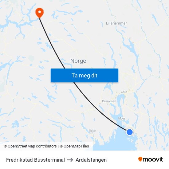 Fredrikstad Bussterminal to Ardalstangen map