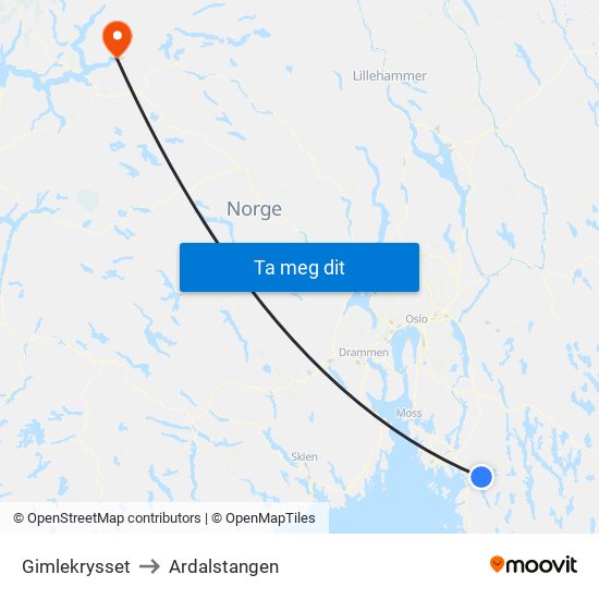 Gimlekrysset to Ardalstangen map