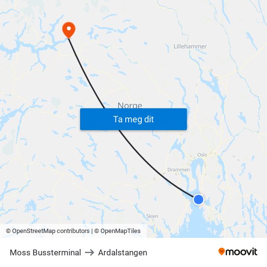 Moss Bussterminal to Ardalstangen map
