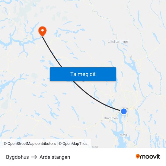 Bygdøhus to Ardalstangen map