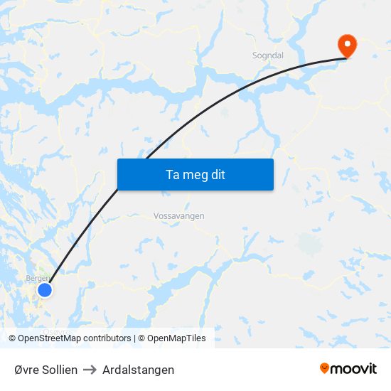 Øvre Sollien to Ardalstangen map