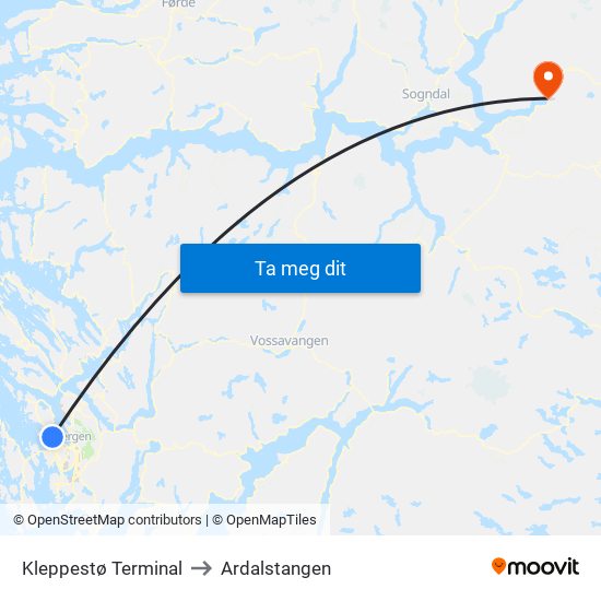Kleppestø Terminal to Ardalstangen map