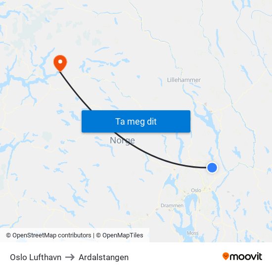 Oslo Lufthavn to Ardalstangen map