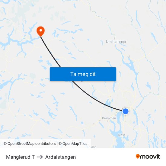 Manglerud T to Ardalstangen map