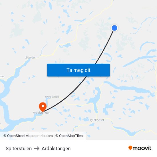 Spiterstulen to Ardalstangen map