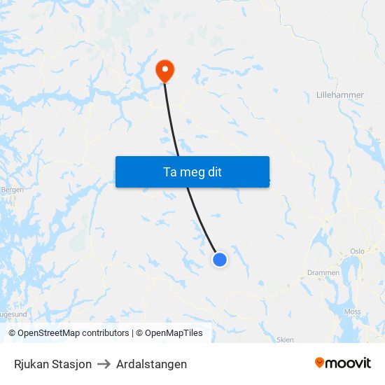 Rjukan Stasjon to Ardalstangen map