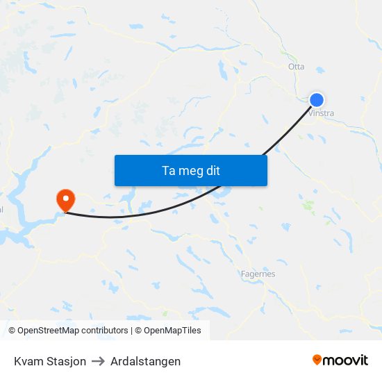 Kvam Stasjon to Ardalstangen map
