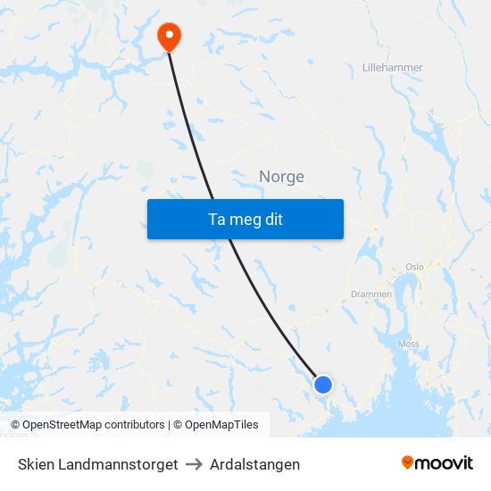 Skien Landmannstorget to Ardalstangen map
