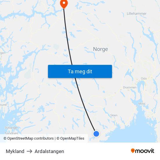 Mykland to Ardalstangen map