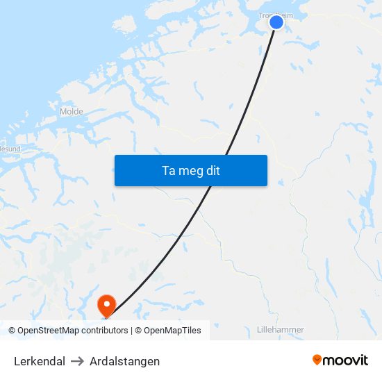 Lerkendal to Ardalstangen map