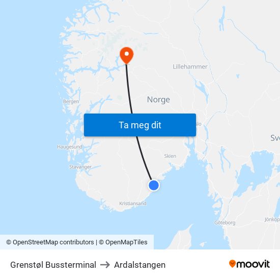 Grenstøl Bussterminal to Ardalstangen map