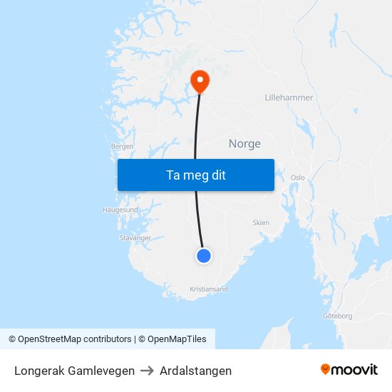 Longerak Gamlevegen to Ardalstangen map