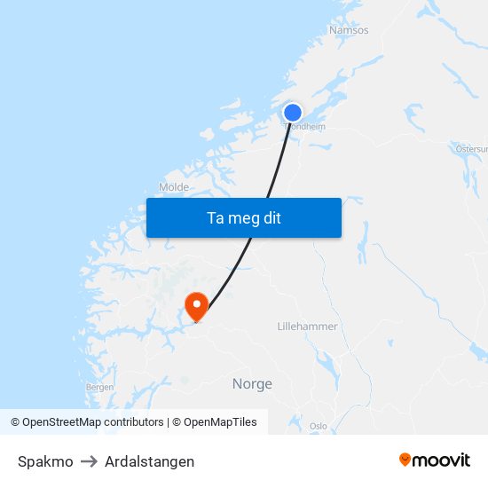 Spakmo to Ardalstangen map