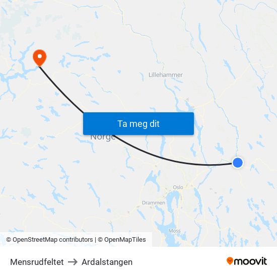 Mensrudfeltet to Ardalstangen map